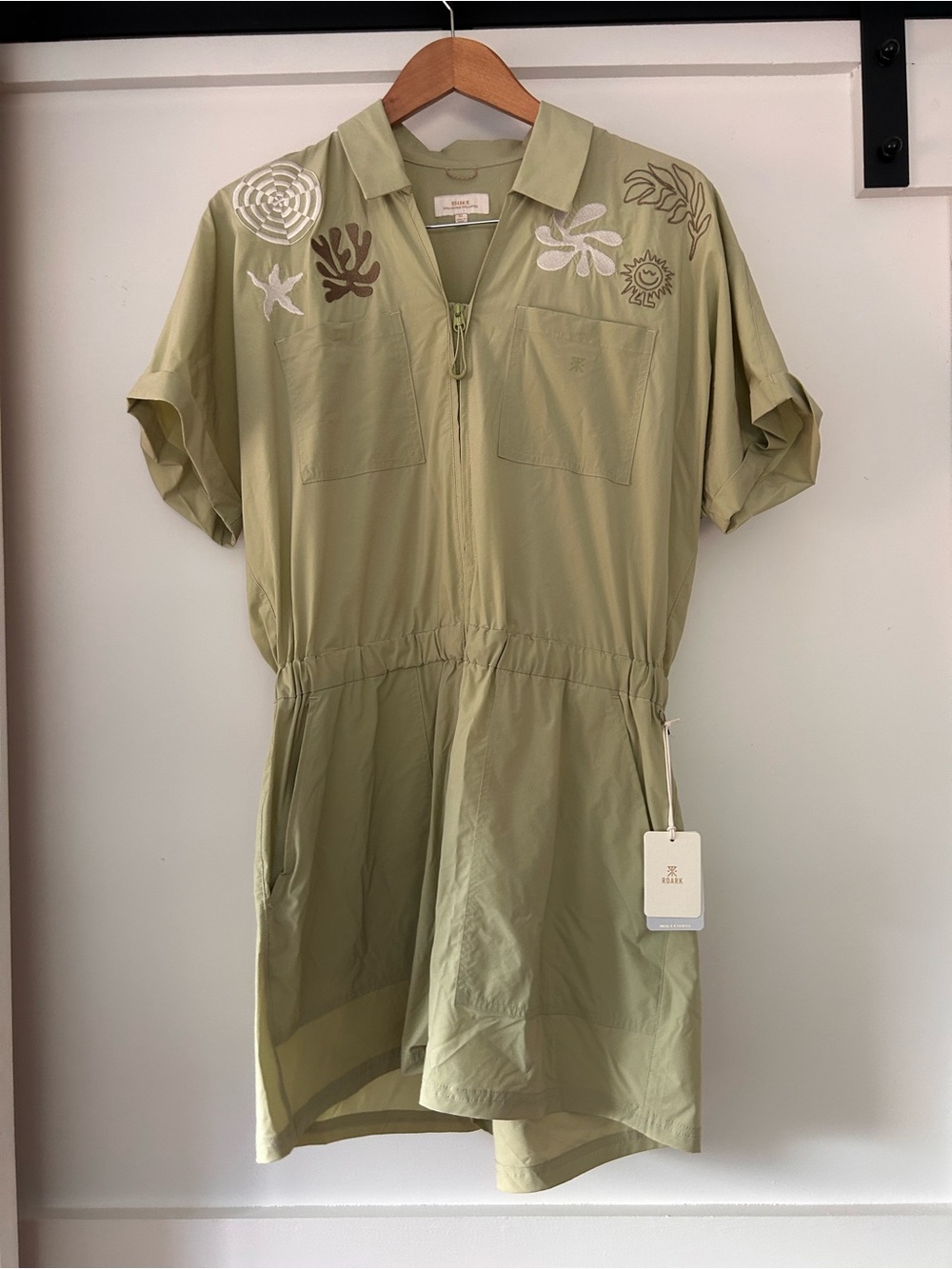 Roark Olive Green Short Sleeve Romper with Embroidery